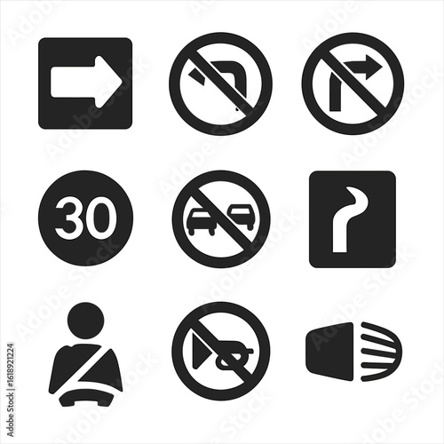 Modern Road Signs Grid. Solid, filled icons set of regulatory road signs: one way sign, no left turn, no right