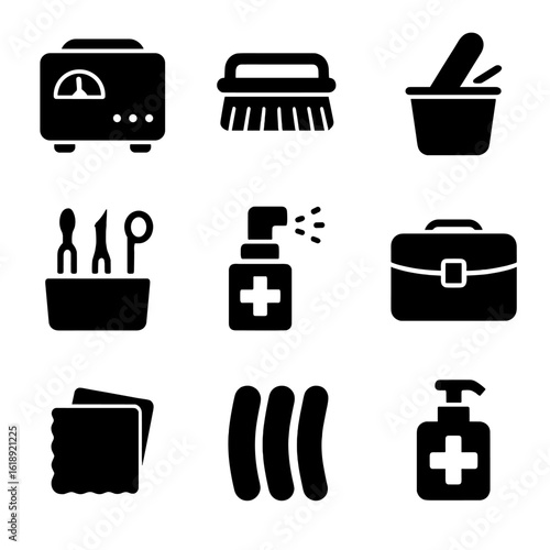 Manicure Tools Icons. Solid, filled icon set of Soft manicure tools maintenance: sterilizer, brush cleaner, nail file disposal,