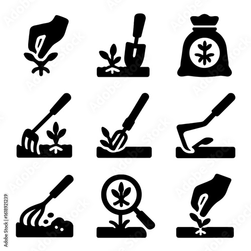 Manual Weeding Icons. Solid, filled icon set of manual weeding techniques: pulling weeds, digging tool, weed bag, root extractor,