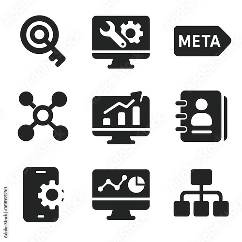 Modern SEO Icon Set. Solid, filled icons set of B2B SEO and digital presence: keyword research, site audit,