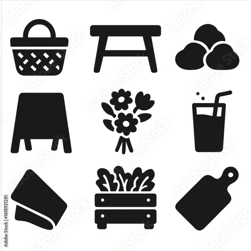 Morning Market Icons. Solid, filled icons set of morning market table layout: woven basket, wooden table, pile