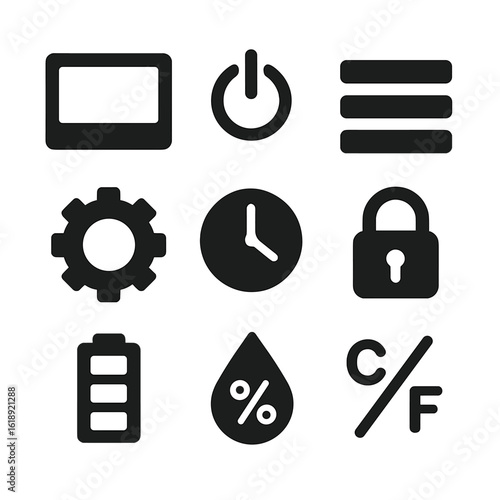 Modern Thermostat Icons. Solid, filled icons set of thermostat interface elements: LCD screen, power toggle,