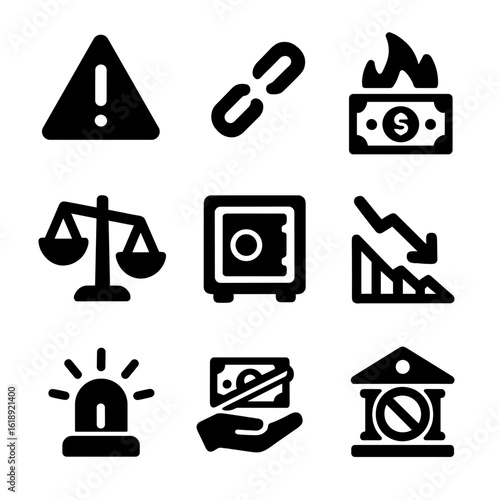 Economic Crisis Icons. Solid, filled icon set of economic crisis symbols: crisis warning, broken chain, money burning, unstable