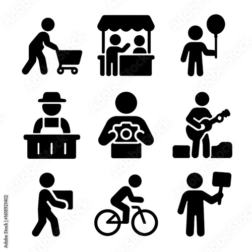 Market Icon Grid. Solid, filled icon set of market visitors: shopper with cart, person haggling, child with balloon, elderly