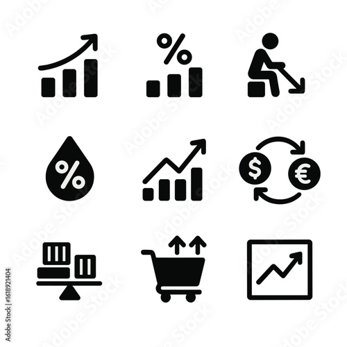 Economic Indicator Icons. Solid, filled icon set of economic indicators: GDP growth, inflation rate, unemployment chart, interest