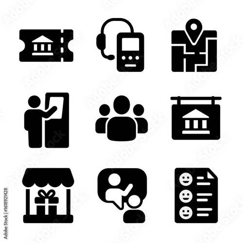 Museum Icons Set. Solid, filled icons set of museum visitor experience: entrance ticket, audio guide device,