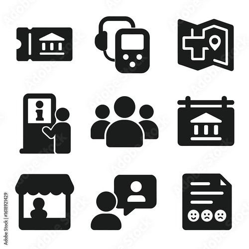 Museum Icons Set. Solid, filled icons set of museum visitor experience: entrance ticket, audio guide device,