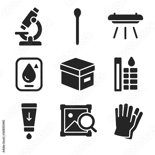Museum Conservation Icons. Solid, filled icons set of museum conservation techniques: microscope, cotton swab,