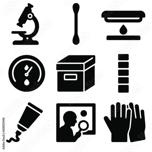 Museum Conservation Icons. Solid, filled icons set of museum conservation techniques: microscope, cotton swab,