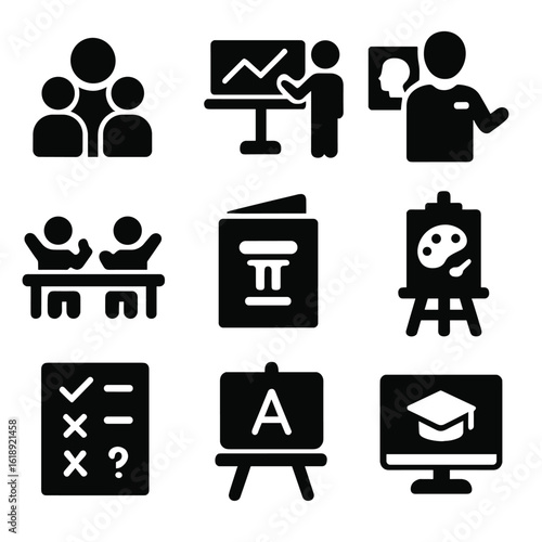 Museum Education Icons. Solid, filled icons set of educational programs in museums: school group icon,