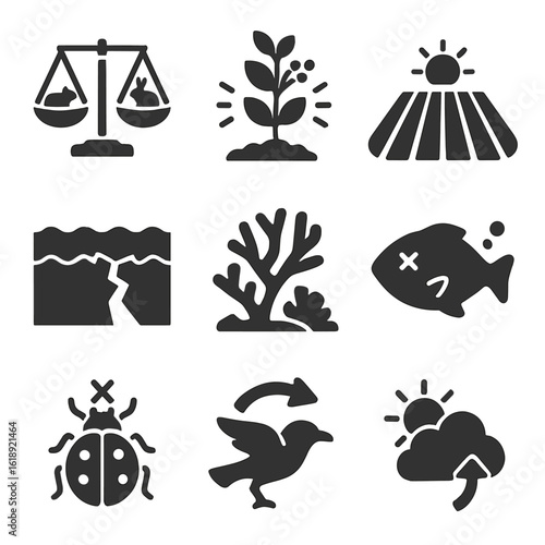Ecosystem Imbalance Icons. Solid, filled icons set of ecosystem imbalance: predator-prey scale, invasive plant