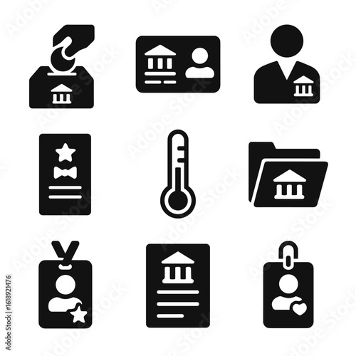Museum Fundraising Icons. Solid, filled icons set of museum fundraising and support: donation box, membership