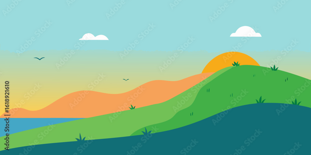 Obraz premium Cartoon landscape with green mountains and sun, a summer nature view of hills, trees, and clouds