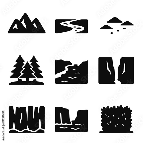 Natural Dividers Icons. Solid, filled icons set of natural borders and separations: mountain range divider,