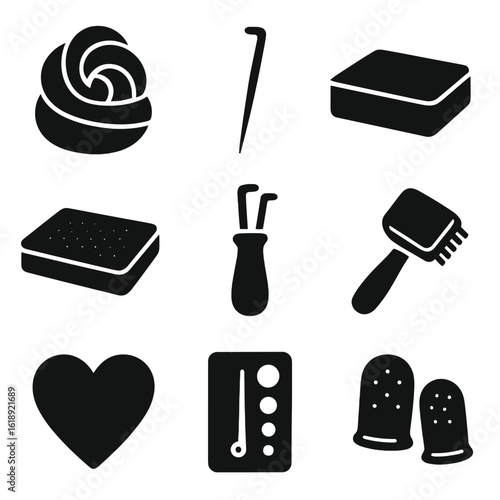 Needle Felting Tools. Solid, filled icons set of needle felting tools and materials: wool roving, felting