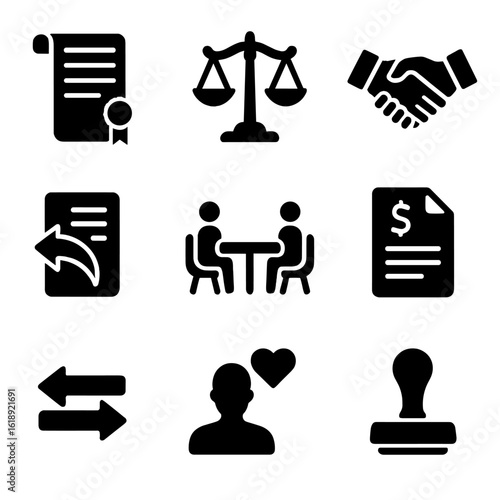 Negotiation Icons Set. Solid, filled icons set of negotiation and settlement planning: agreement scroll, scale