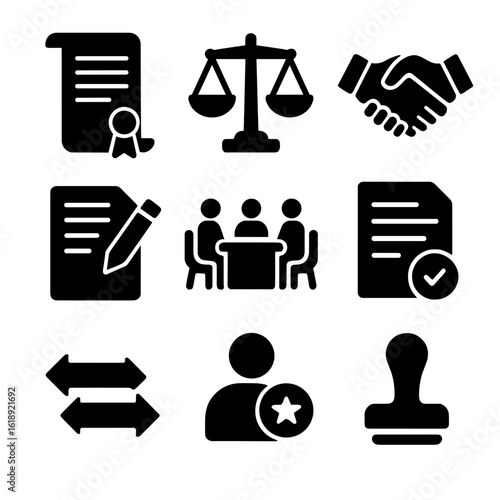 Negotiation Icons Grid. Solid, filled icons set of negotiation and settlement planning: agreement scroll,