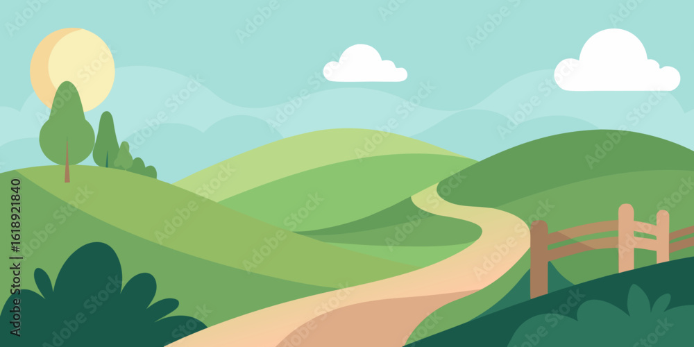 Fototapeta premium Vector illustration of a vibrant summer landscape with trees, green grass, and rolling hills under a sunny sky