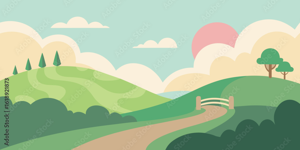 Obraz premium Vibrant summer landscape vector illustration with green mountains, trees, and clouds under a blue sky