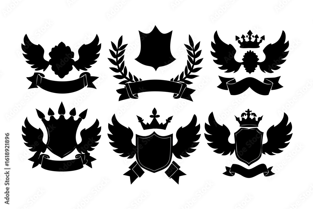 Obraz premium Laurel wreath , shield , wing , ribbon , and banners vector set . Laurel wreath s, shield s, wing s, ribbon s illustration for awards , heraldry , logos , badges , and branding designs