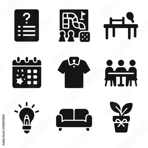 Office Fun Icons. Solid, filled icons set of office-based fun activities: trivia sheet, board game, desk