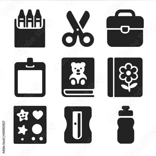 Elementary School Essentials. Solid, filled icons set of elementary school backpack items: crayons, scissors,