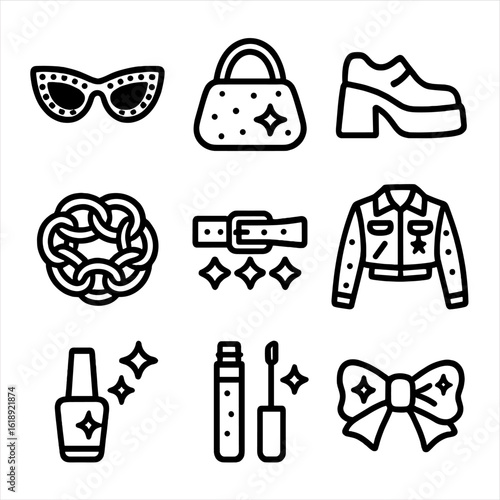 McBling Icon Set. Solid, filled icon set of McBling fashion style: rhinestone sunglasses, glittery handbag, platform shoes, chunky