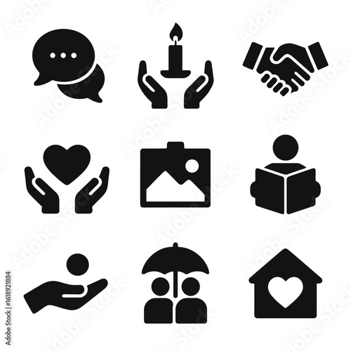 Meaningful Interaction Icons. Solid, filled icon set of meaningful interaction: deep talk bubble, shared candle, trust handshake,