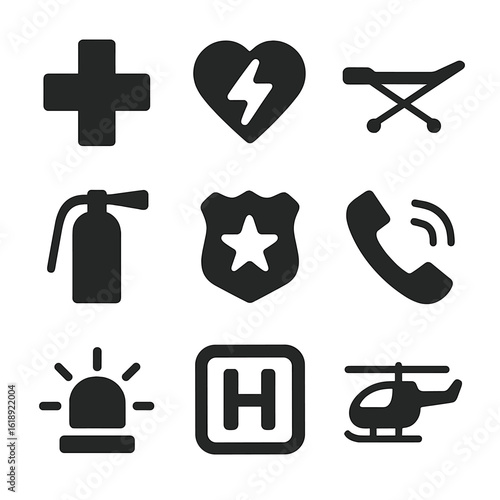 Emergency Icon Set. Solid, filled icon set of medical emergencies: emergency cross, defibrillator, stretcher, fire extinguisher,