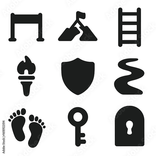 Overcoming Obstacles Icons. Solid, filled icons set of overcoming obstacles: hurdle, mountain, ladder, torch,
