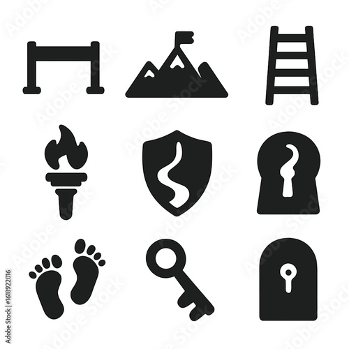 Overcoming Obstacles Icons. Solid, filled icons set of overcoming obstacles: hurdle, mountain, ladder, torch,