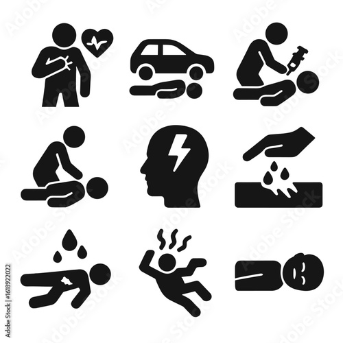 Emergency Icons Grid. Solid, filled icons set of emergency medical scenarios: heart attack icon, accident