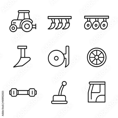 Mechanized Plow Icons. Outline icon set of mechanized furrow plowing: tractor with plow, chisel plow, disc plow, subsoiler, plow