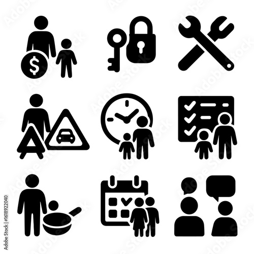 Parenting Lesson Icons. Solid, filled icons set of parents teaching real-life lessons: budgeting icon, key and