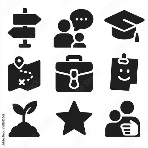 Parental Guidance Icons. Solid, filled icons set of parents guiding future decisions: signpost with arrows,