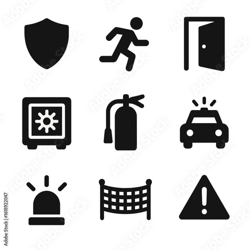 Emergency Icons Grid. Solid, filled icon set of escaping from danger: shield, running person, exit door, safe box, fire