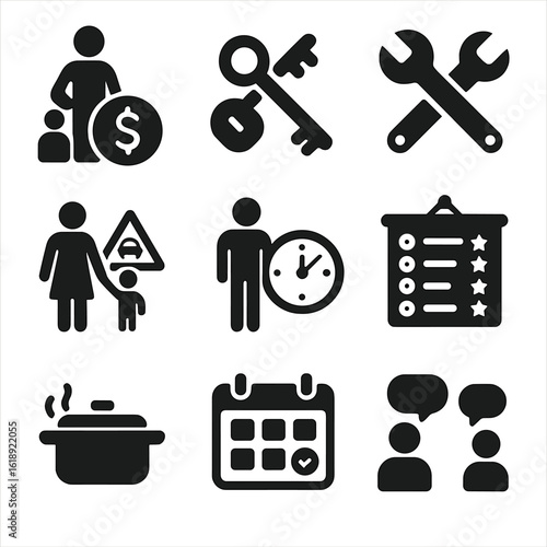 Parenting Lesson Icons. Solid, filled icons set of parents teaching real-life lessons: budgeting icon, key and