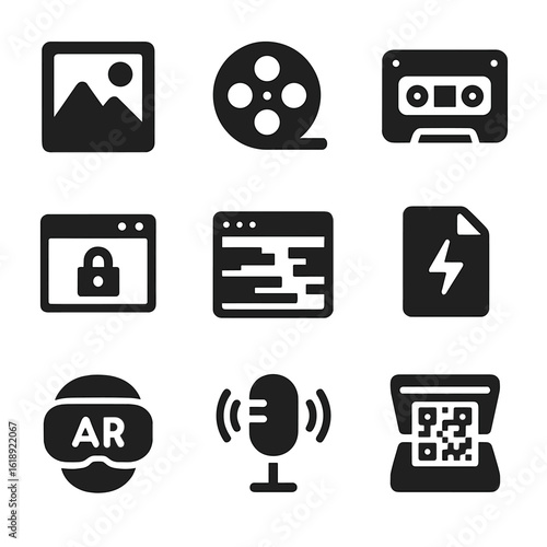Media Artifact Icons. Solid, filled icon set of ARG media artifacts: old photo, video reel, audio tape, hidden website, webpage