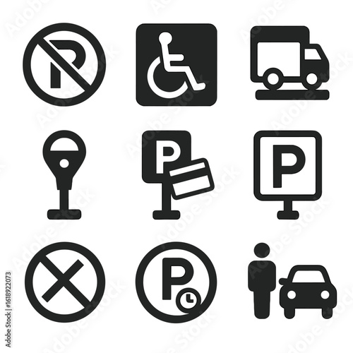 Parking Sign Icons. Solid, filled icons set of parking and stopping signs: no parking sign, handicap parking,