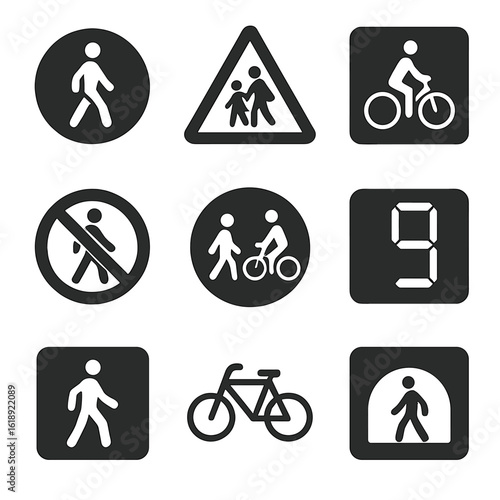 Pedestrian and Cyclist Icons. Solid, filled icons set of pedestrian and cyclist signage: pedestrian zone,