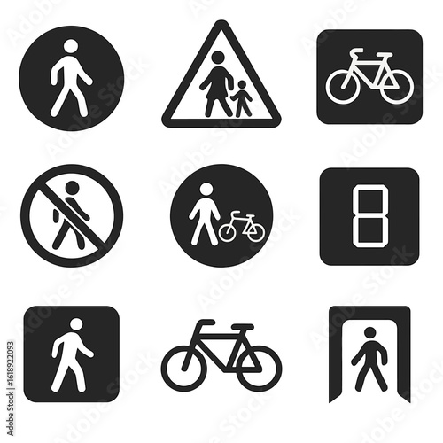 Pedestrian and Cyclist Icons. Solid, filled icons set of pedestrian and cyclist signage: pedestrian zone,