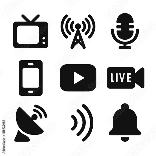 Media Channel Icons. Solid, filled icon set of media channels: TV screen, radio tower, podcast mic, news app, YouTube logo, live