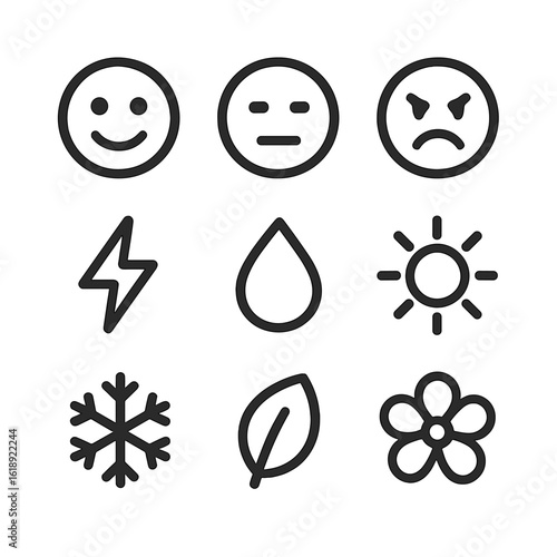 Emotional Icon Grid. Solid, filled icon set of color psychology: happy face, calm face, angry face, energetic lightning, soothing