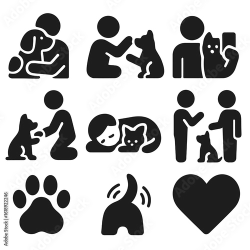 Pet Bonding Icons. Solid, filled icons set of bonding moments with pets: cuddle pose, high-five paw, pet