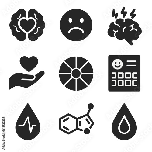 Emotional Brain Icons. Solid, filled icons set of emotional processing in the brain: brain with heart, sad