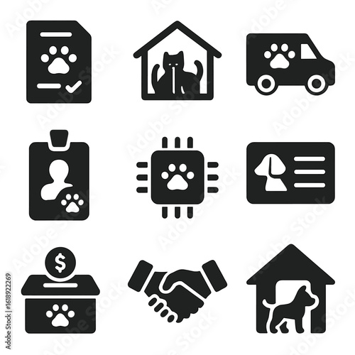 Pet Adoption Icons. Solid, filled icons set of pet adoption and rescue: adoption form, shelter kennel, rescue