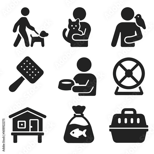 Pet Owner Icons. Solid, filled icons set of pets and their owners: dog on leash, cat in arms, bird on shoulder