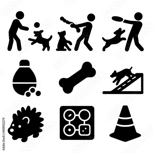 Pet Play Icon Set. Solid, filled icons set of playing with pets: fetch ball, tug toy, frisbee, treat dispenser