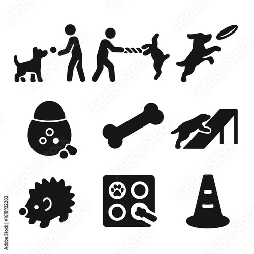 Pet Play Icon Set. Solid, filled icons set of playing with pets: fetch ball, tug toy, frisbee, treat dispenser
