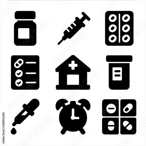 Medication Management Icons. Solid, Filled icon set of medication management: pill bottle, syringe, blister pack, dosage chart,
